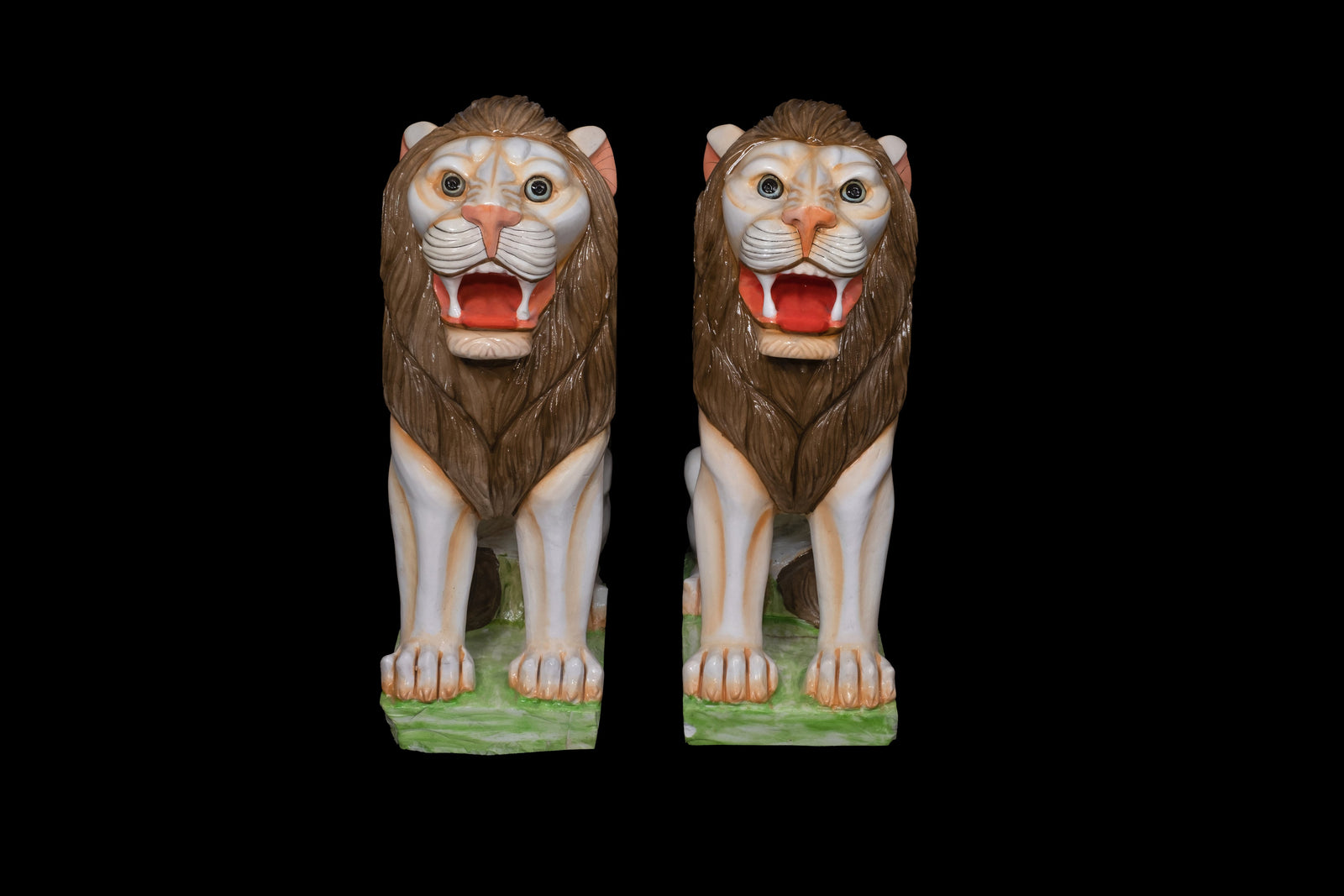 Two Marble Lion Pair Sitting in Green Base For Home Décor