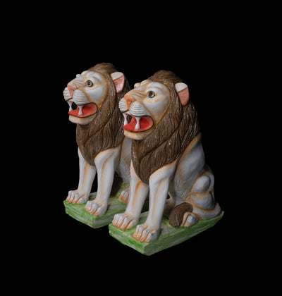 Two Marble Lion Pair Sitting in Green Base For Home Décor