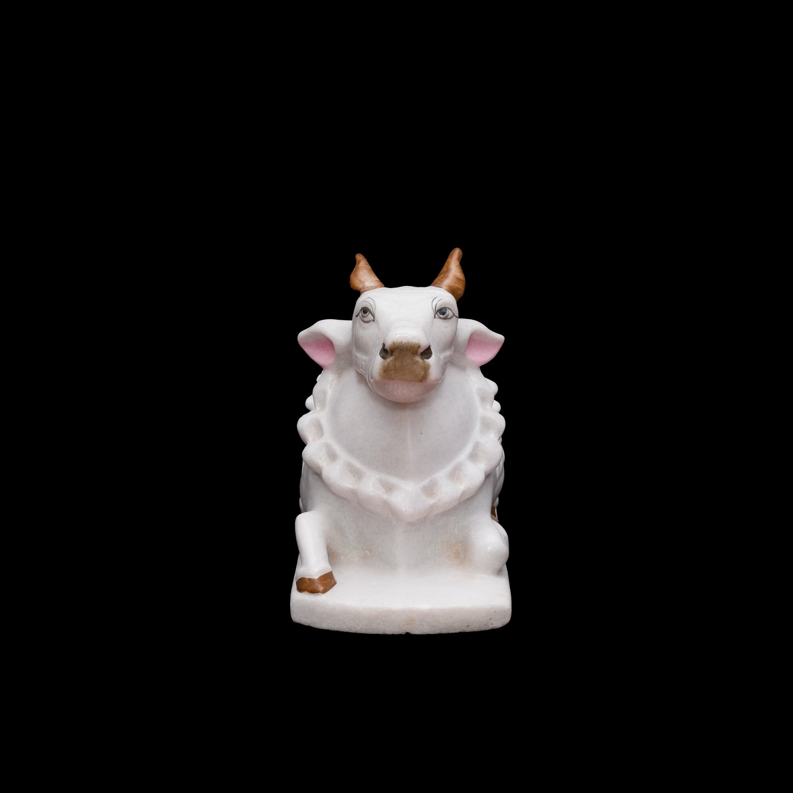 White Marble Nandi In Sitting Position Statue With Brown Color Horns
