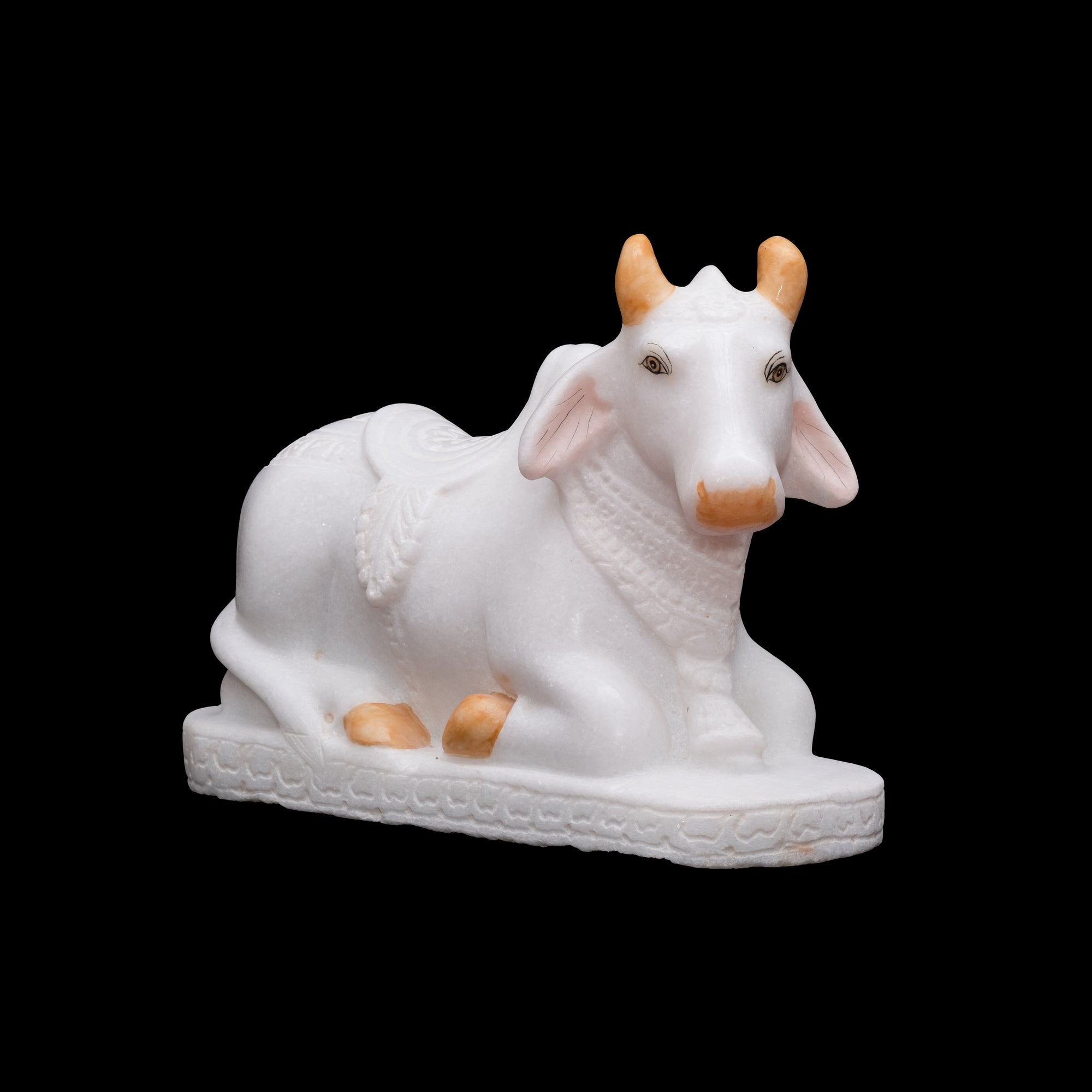 Sitting Marble Nandi in Sitting Position With Orange Color Horns