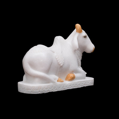 Sitting Marble Nandi in Sitting Position With Orange Color Horns