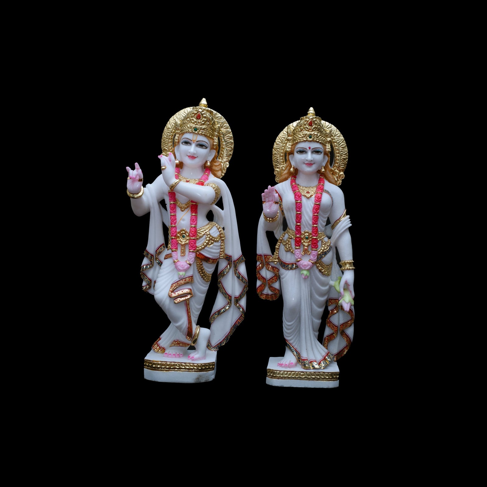Marble Radha Krishna in Pink Maala and Gold Work