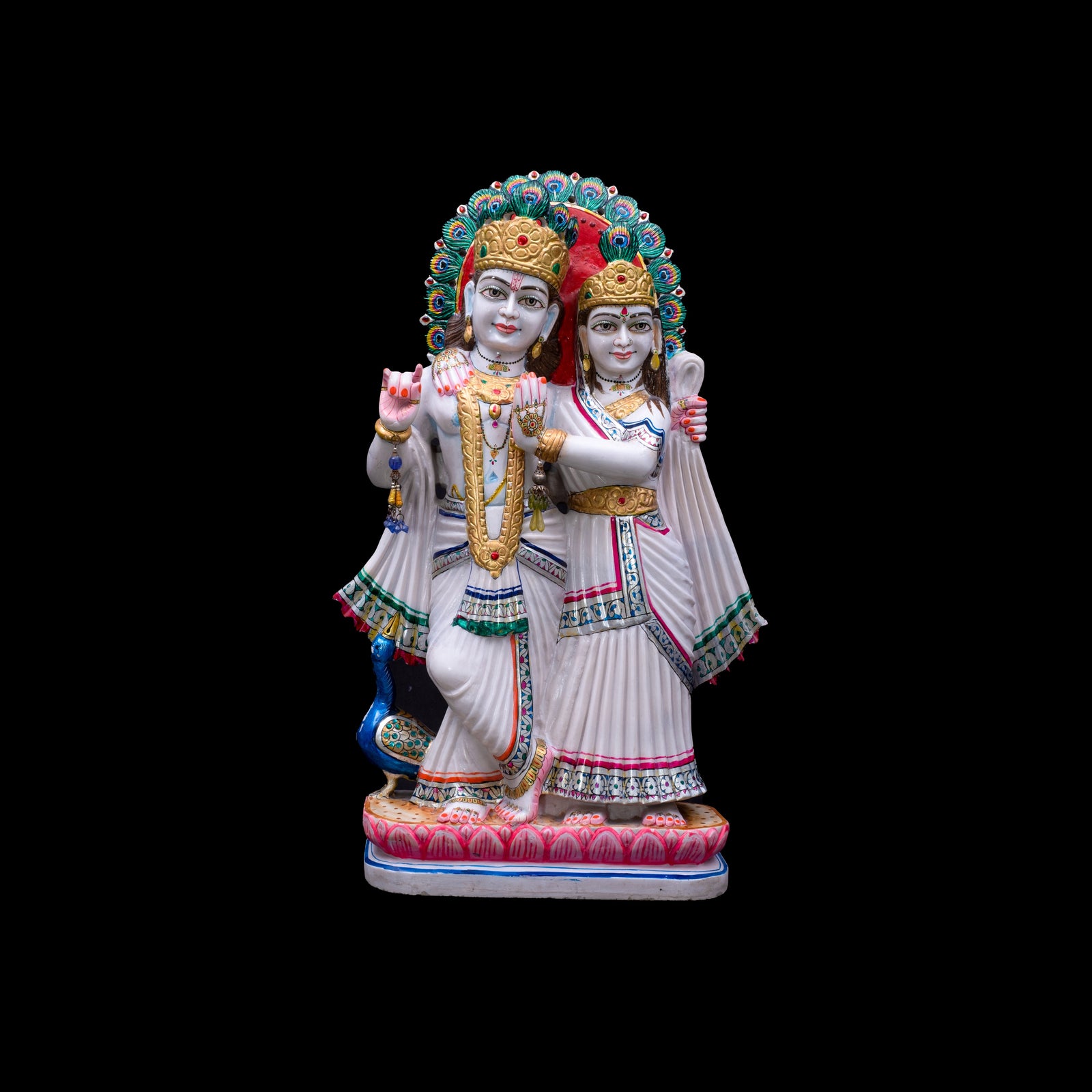 Radha Krishna Marble Statue with Peacock Feathers on Top