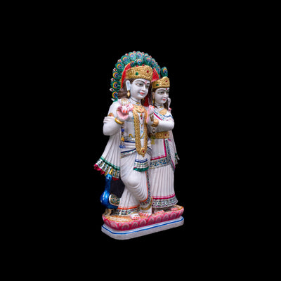 Radha Krishna Marble Statue with Peacock Feathers on Top