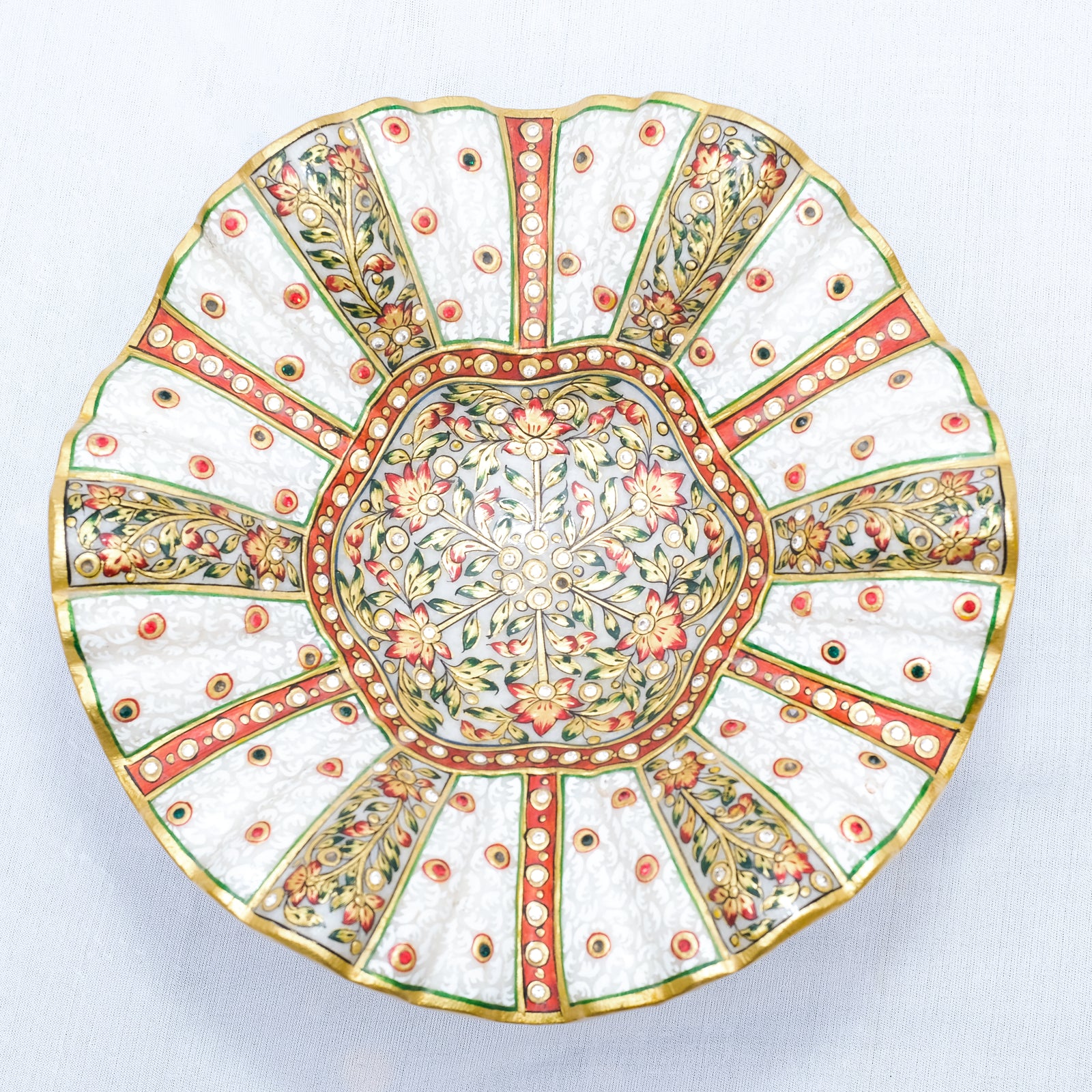 Handpainted Pattern Minakari Fruit Bowl Marble with Base Wavy