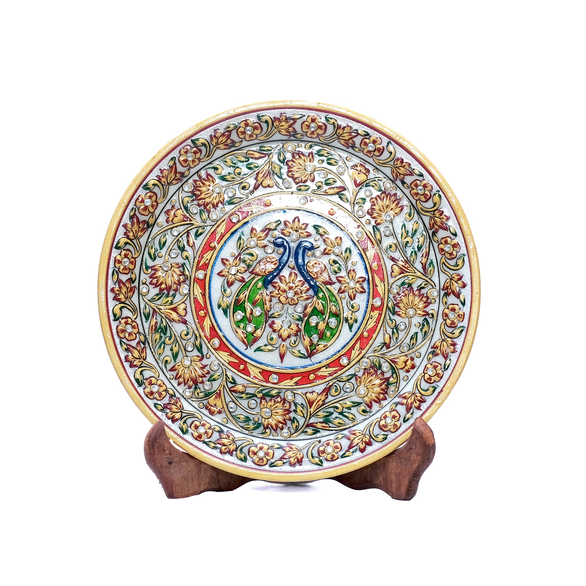 Round Shaped Marble Display Plate with Stand Minakari Handpainted Display Plate For Home Decor