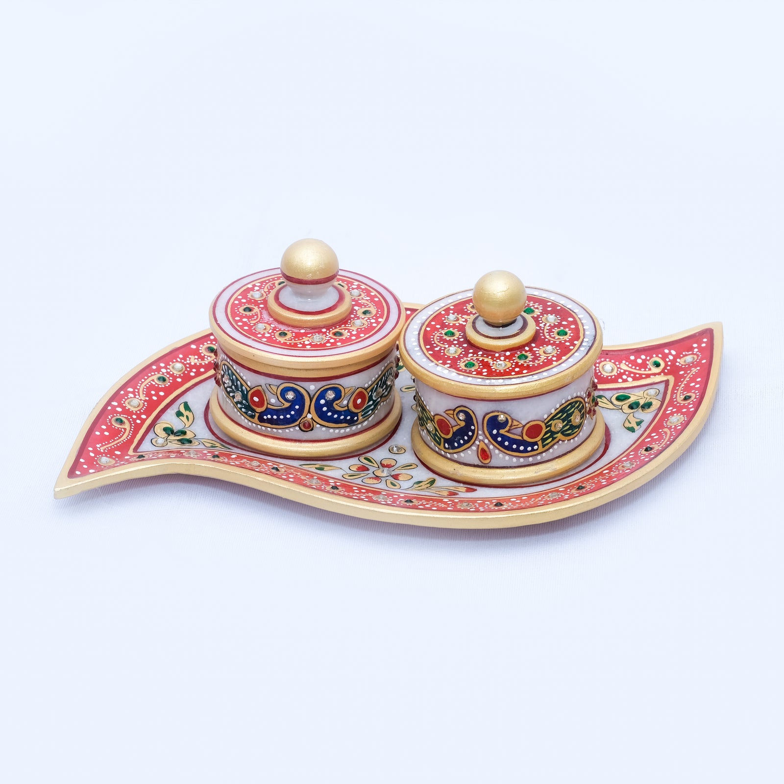 Marble Tray Set with 2 Round Boxes Leaf-shaped Minakari Handpainted Tray with Two Round Boxes