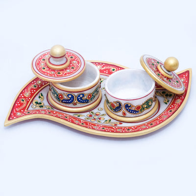 Marble Tray Set with 2 Round Boxes Leaf-shaped Minakari Handpainted Tray with Two Round Boxes