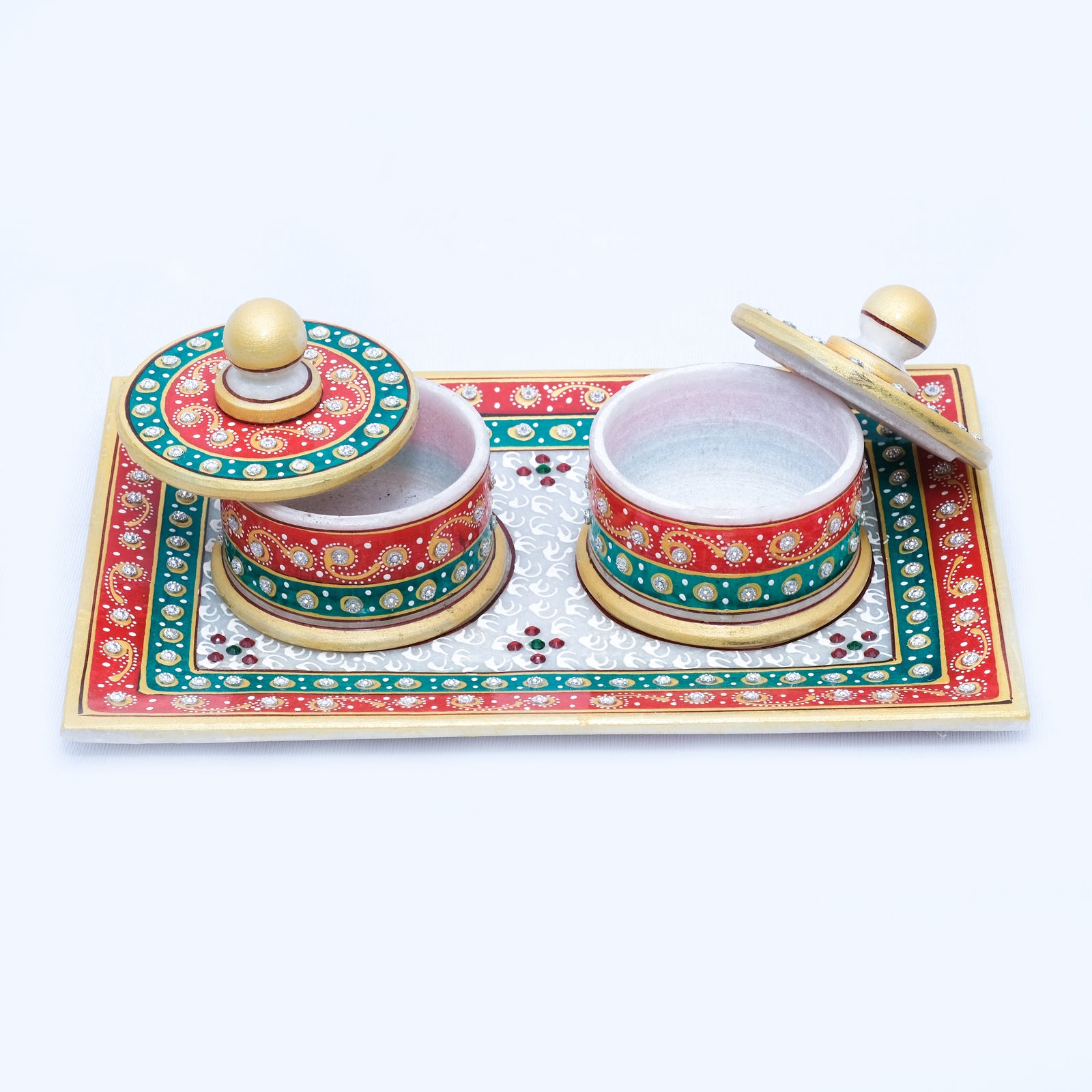 Marble Tray Set with 2 Round Boxes Rectangle Shaped Minakari Handpainted Tray Set with 2 Round Boxes
