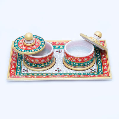 Marble Tray Set with 2 Round Boxes Rectangle Shaped Minakari Handpainted Tray Set with 2 Round Boxes
