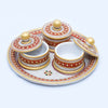 Tray Set with 3 Round Boxes| Round-shaped Minakari Handpainted Tray with 3 Round Boxes (Intricate artwork in gold, white and red with kundan work)