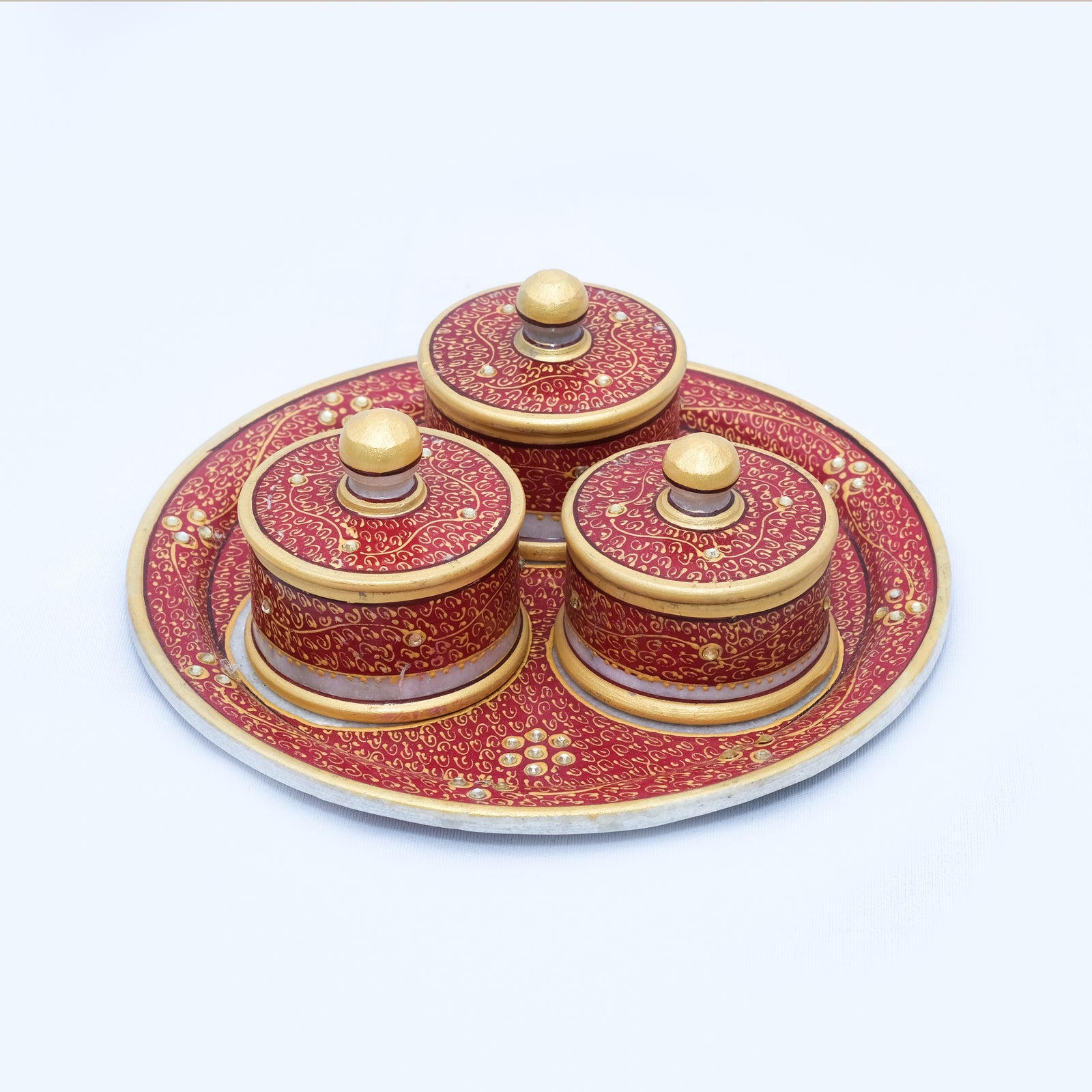 Marble Tray Set with 3 Round Boxes Round shaped Minakari Handpainted Work Red Color