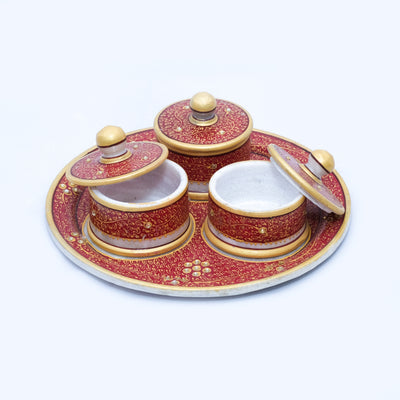 Marble Tray Set with 3 Round Boxes Round shaped Minakari Handpainted Work Red Color