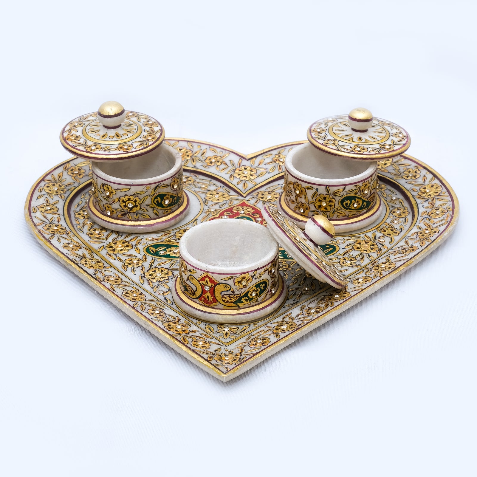 Heart-shaped Marble Tray Set with 3 Round Boxes Minakari Handpainted Tray