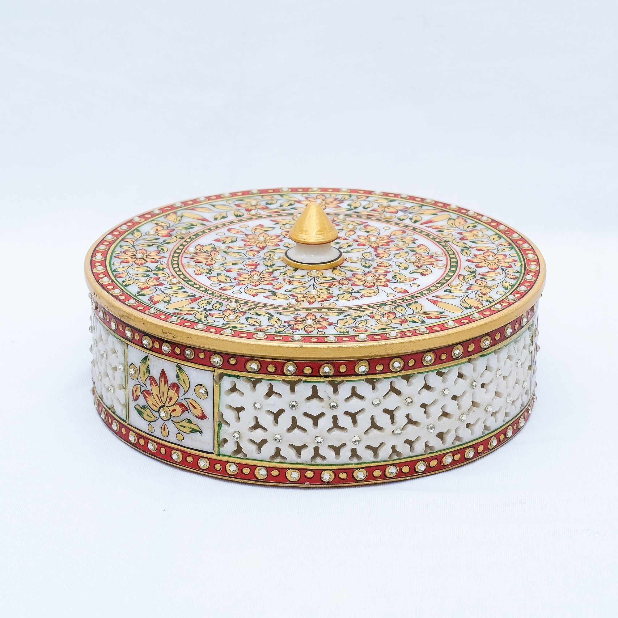 Marble Handpainted Jewellery Box Round Shaped Minakari Jali Work Jewellery Box