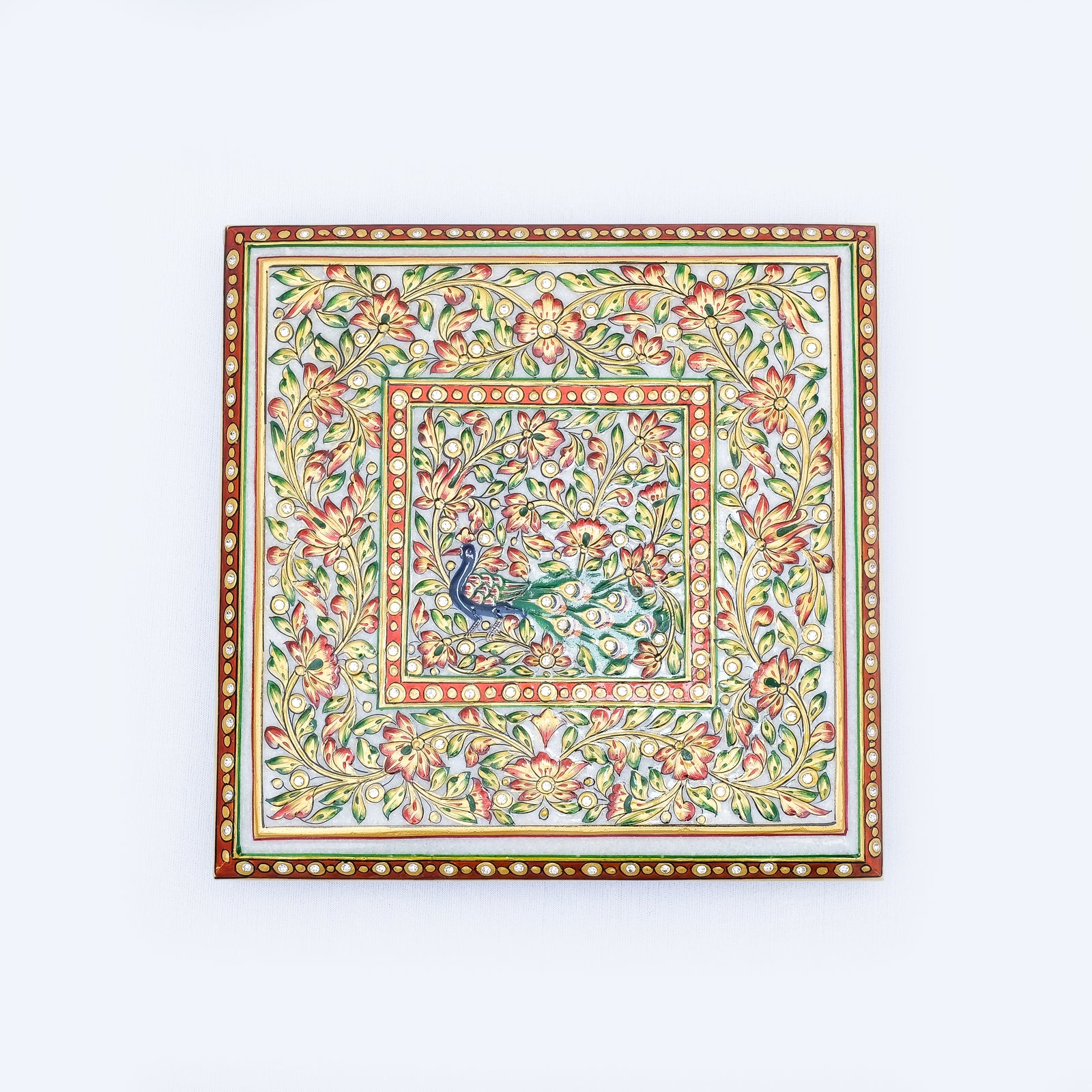 Marble Chowki Square Shaped Minakari Handpainted Chowki With Kundan Work