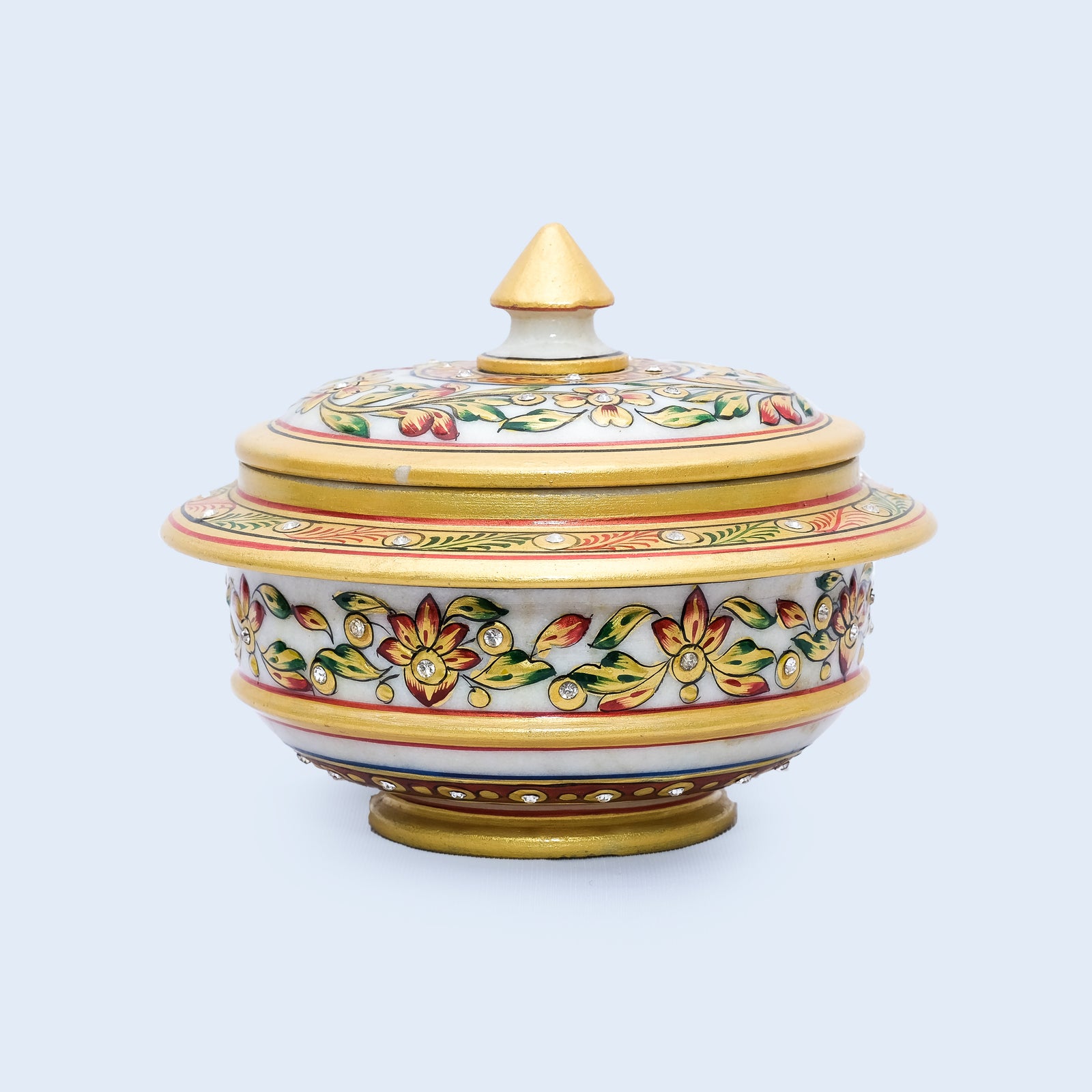 Golden Round Shaped Marble Minakari Handpainted Golden Bowl with Conical Top