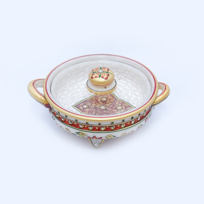 Round Shaped Marble Four Legged Minakari Handpainted Bowl Marble Teri Bowl with Transparent Top