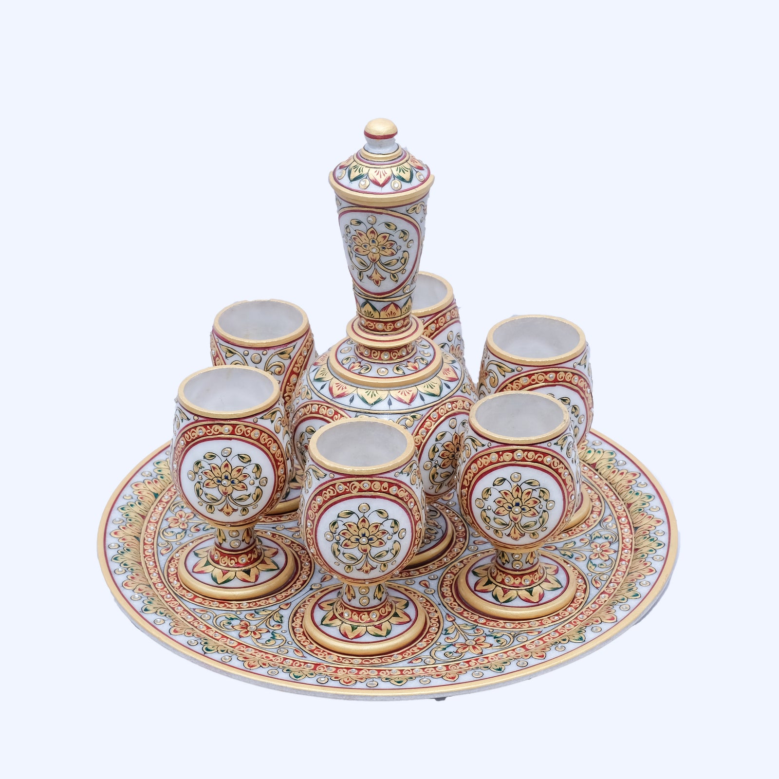 7 Pieces Marble U-shaped Handpainted Minakari Wine Glass Set (6 glasses and 1 decanter)