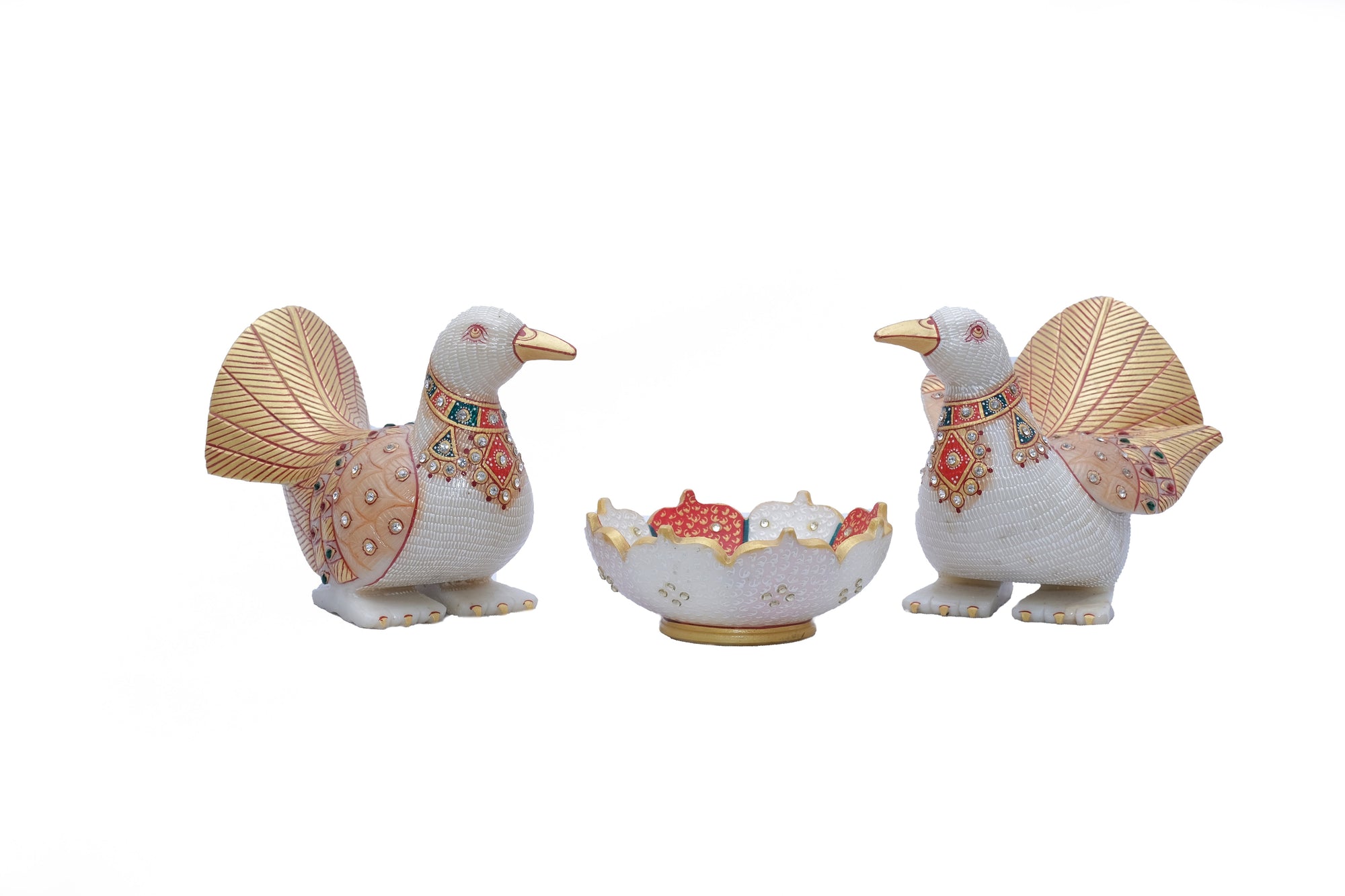 Birds Pigeons With Bowl Gold Work Set Of 2