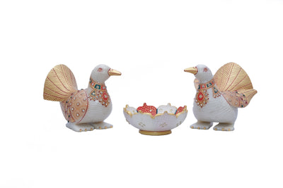 Birds Pigeons With Bowl Gold Work Set Of 2