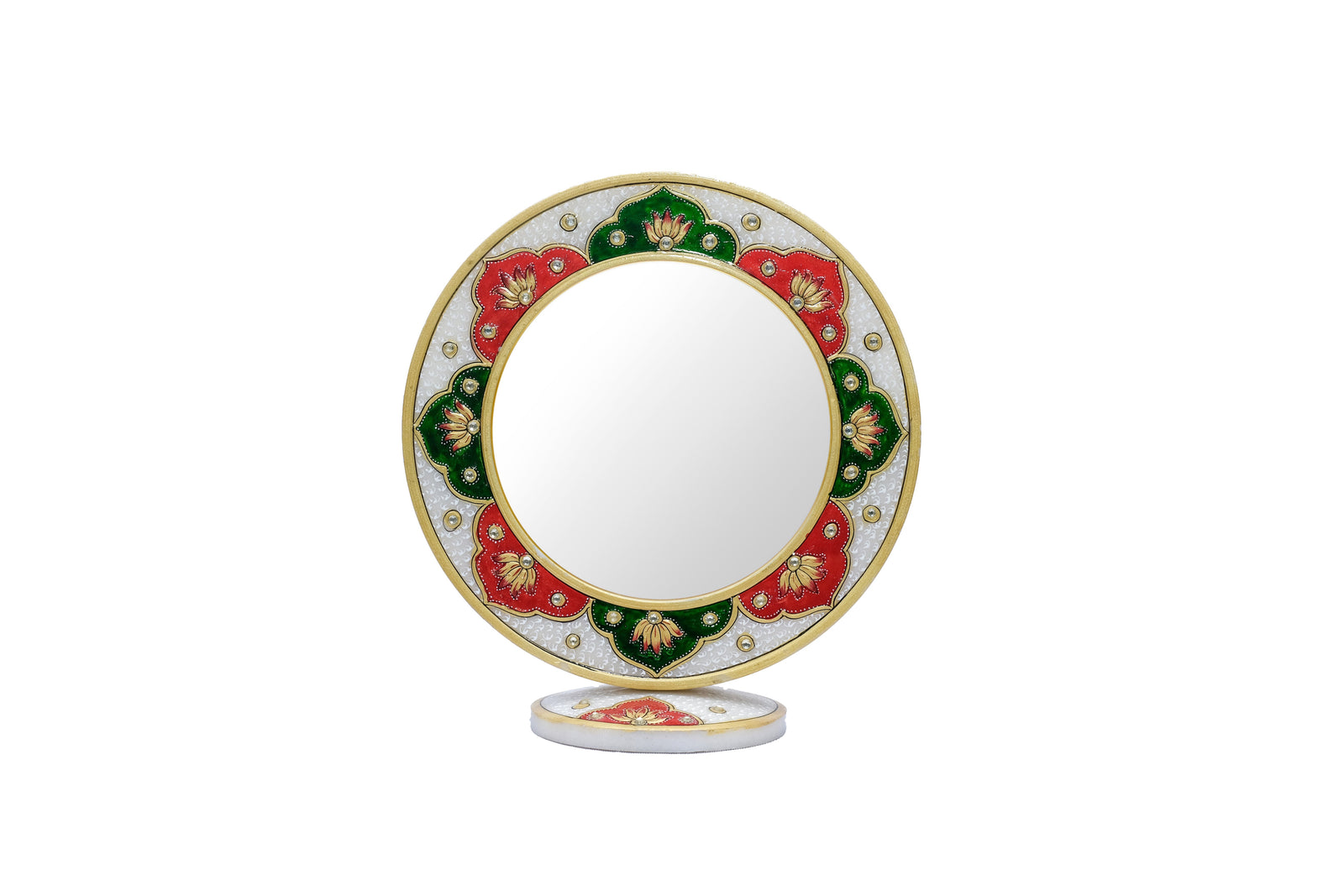 Handpainted Marble Minakari Mirror Circular Mirror Kundan Work With Stand