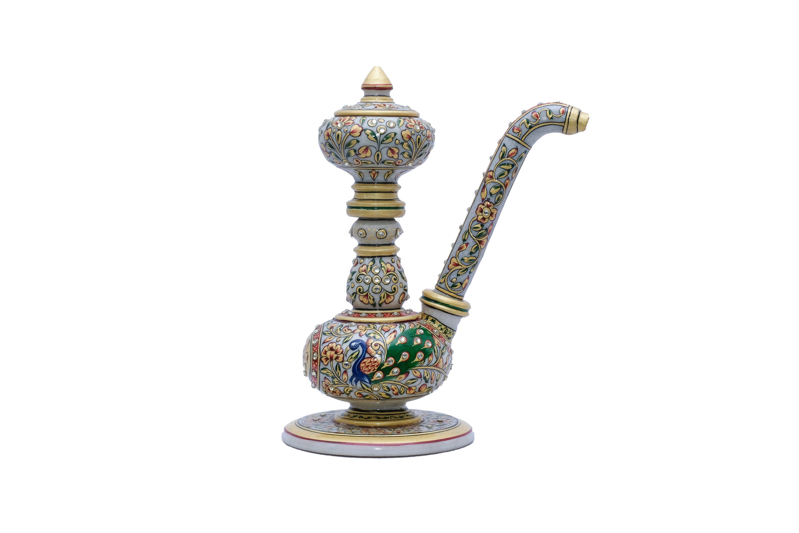 Marble Hookah With Handpainted Minakari Style Floral Peacock Design