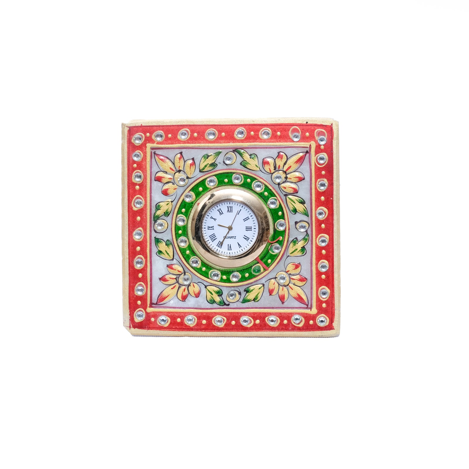 Marble Rectangular Clock With Kundan stones Red And Green Color