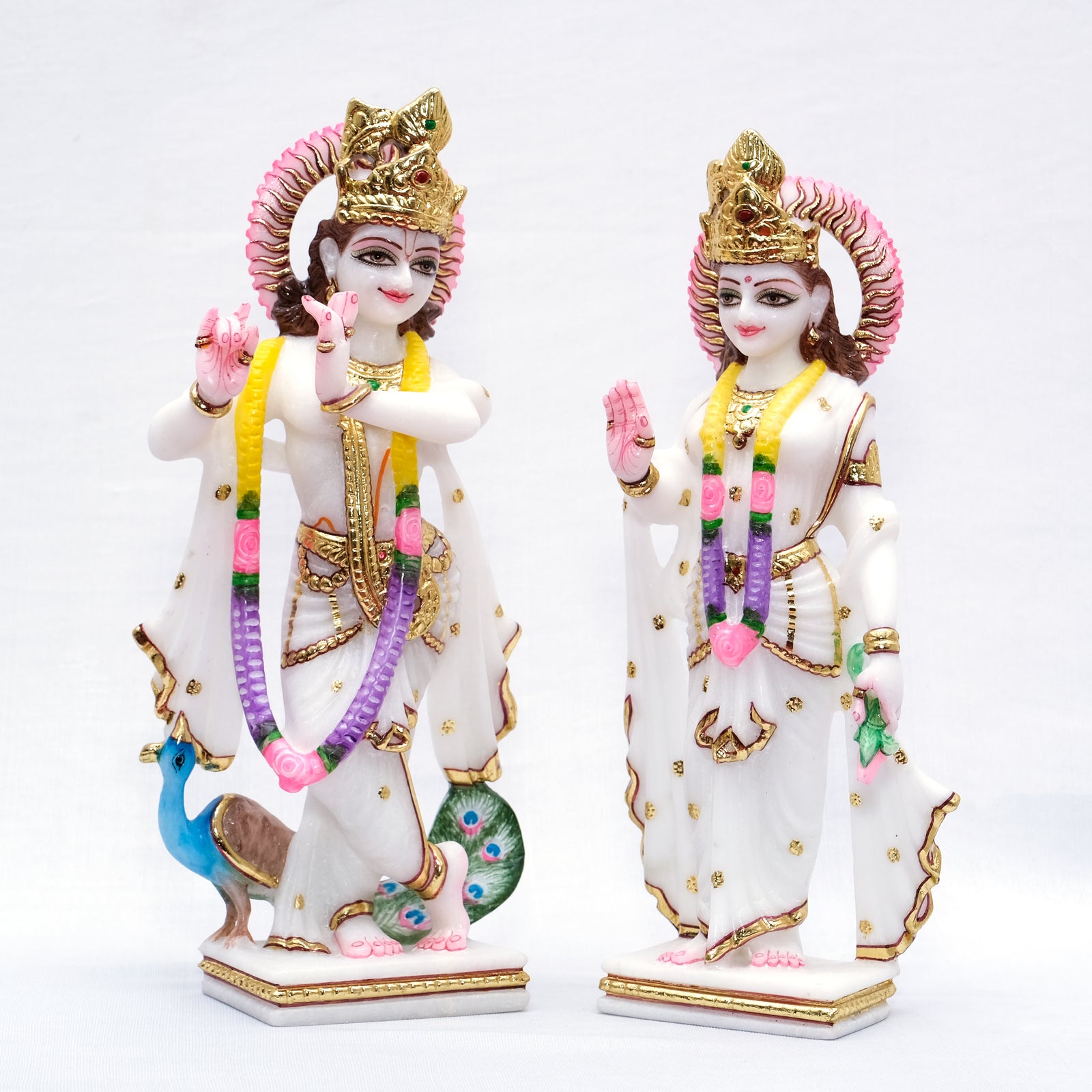 Makrana White Marble Jugal Jodi Radha Krishna and Peacock Murti For Temple