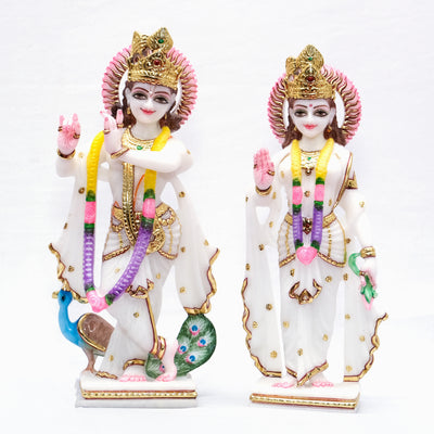 Makrana White Marble Jugal Jodi Radha Krishna and Peacock Murti For Temple