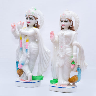 Radha Krishna Jodi With Two Peacocks in the Background Makrana Marble Murti