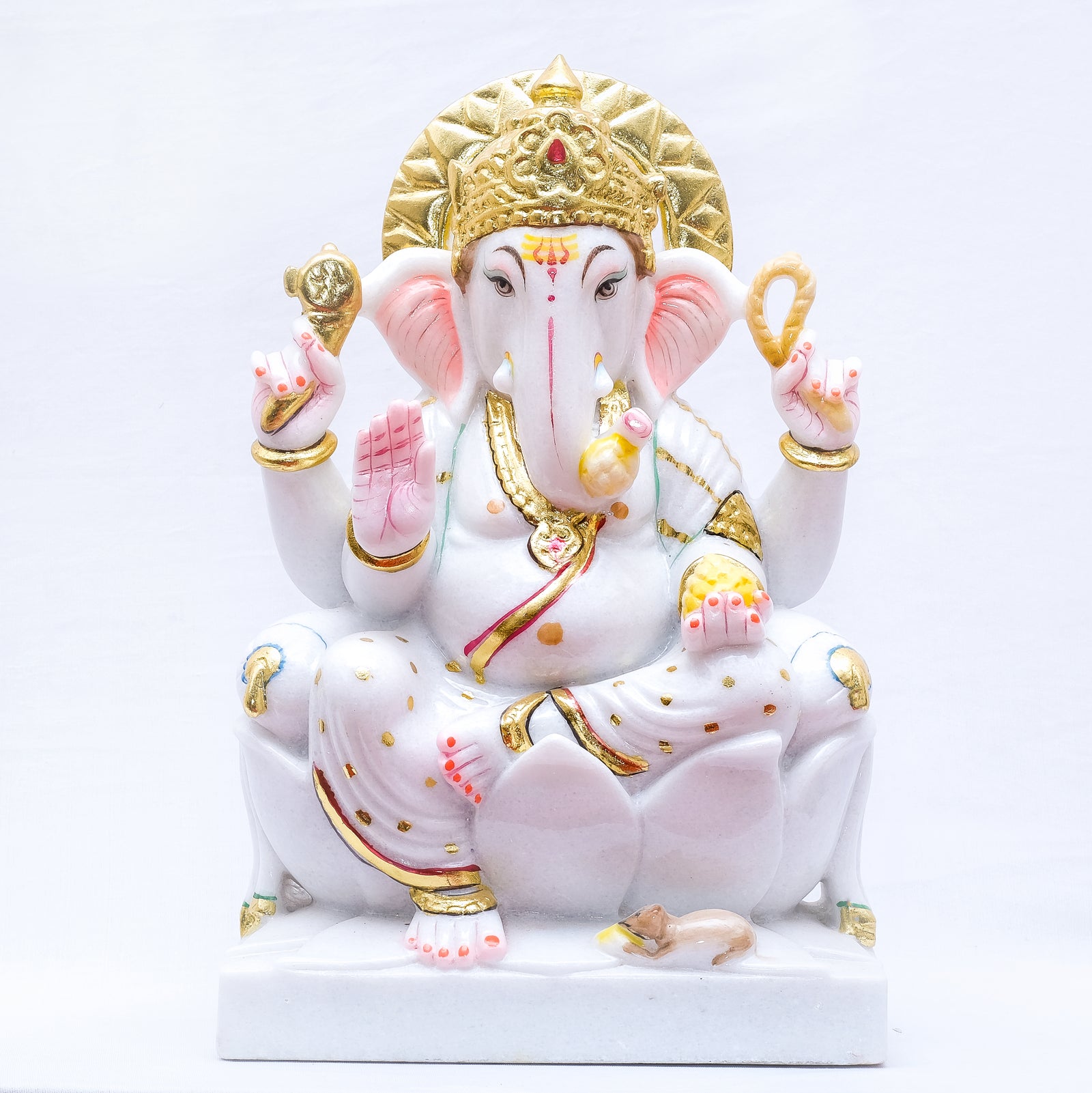 Vietnam White Marble Murti Vighnaharta Ganesh Ji Seated Atop Masand Pillow Statue