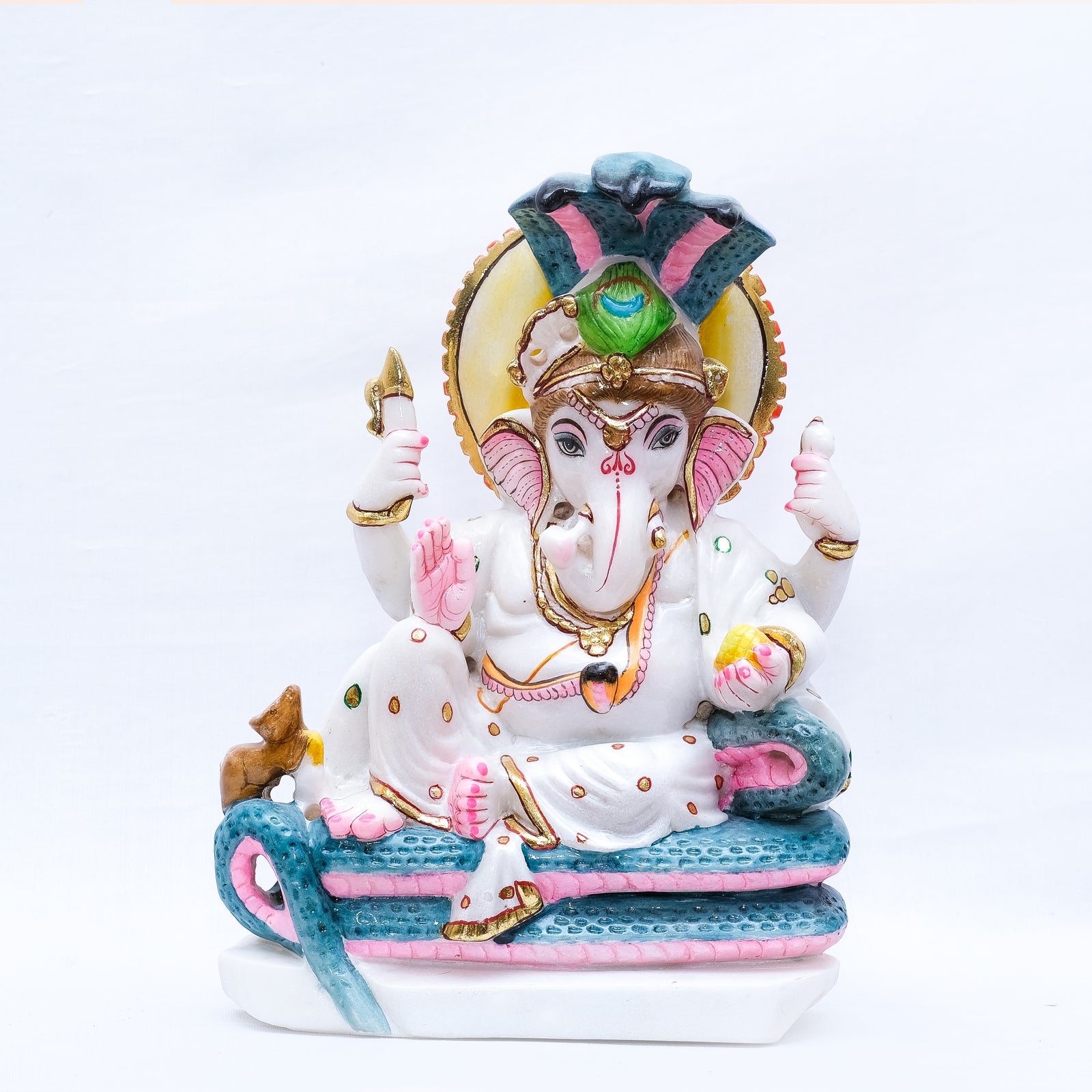 Marble Murti Vighnaharta Ganesh Ji Seated Atop Three-Mouthed Green Serpent