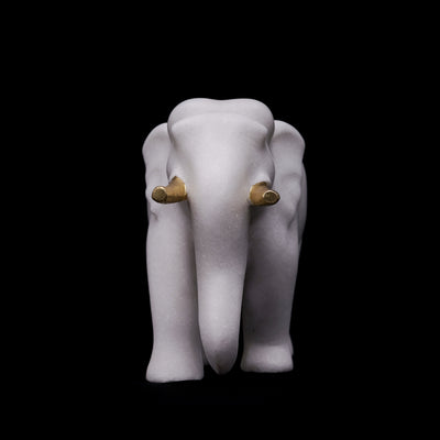 Vietnam Marble White Marble Elephant with Golden Tusks (Medium, 12 inches)