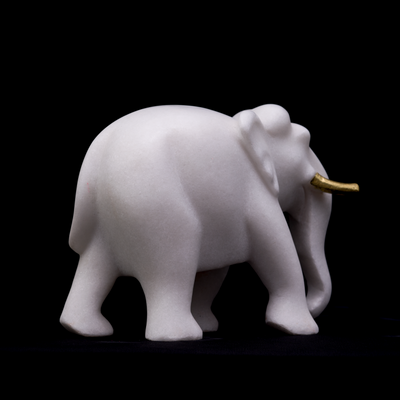 Vietnam Marble White Marble Elephant with Golden Tusks (Small, 9 inches)