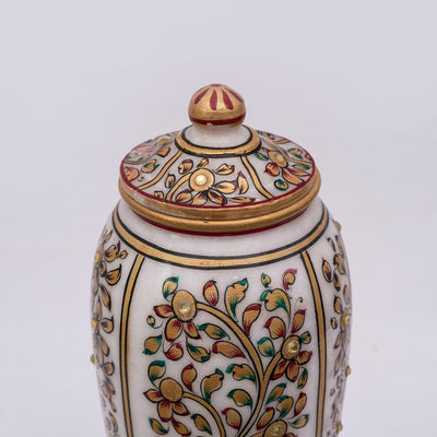 Vase with Lid | Round Shaped Minakari Handpainted Vase (Green and red coloured petals with gold and kundan work)