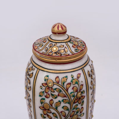 Round Shaped Minakari Handpainted Marble Vase with Lid