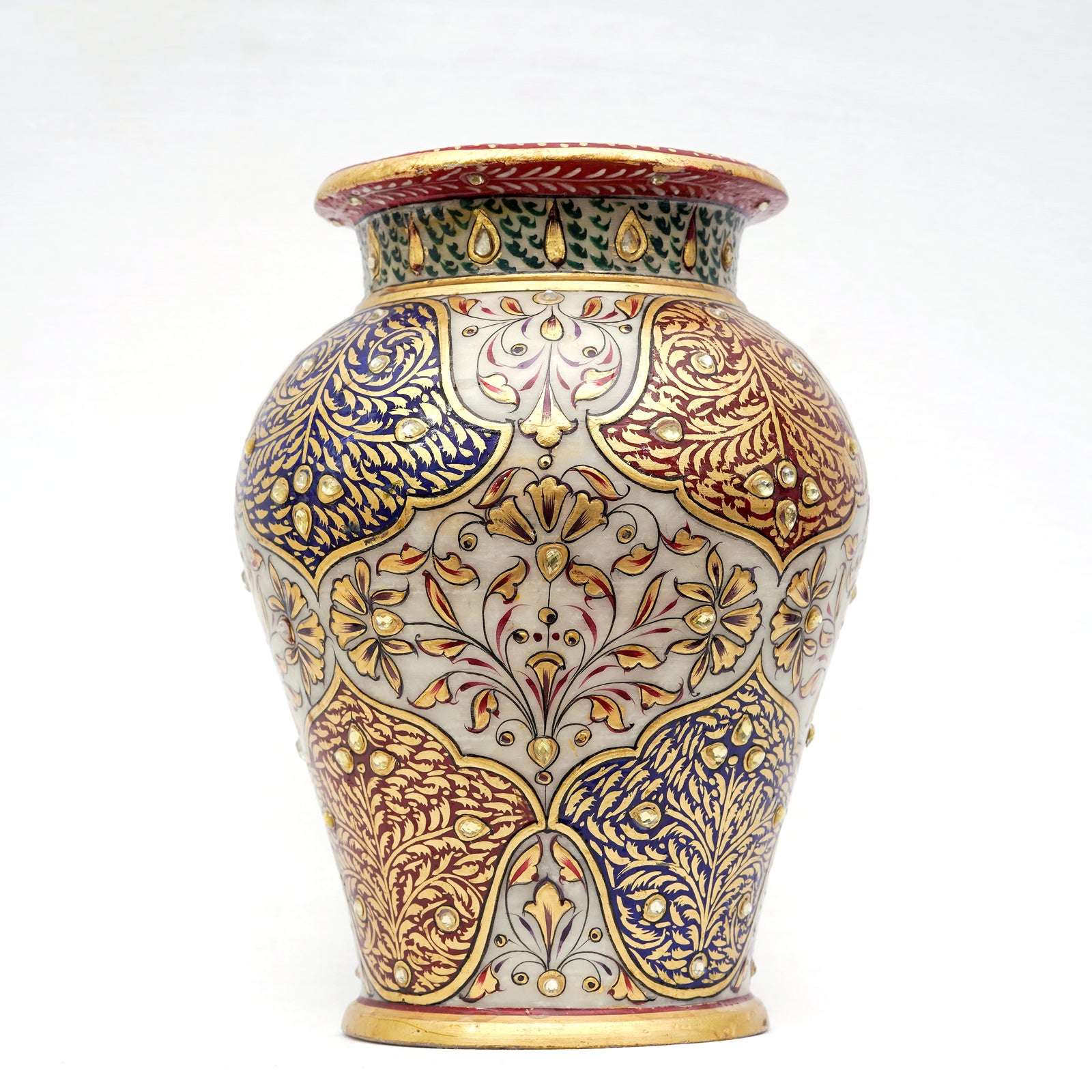 Home Decor Vase Round Necked shaped Minakari Handpainted Marble Vase Studded With kundan And Gold Finish