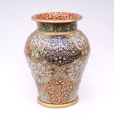 Home Decor Vase Round Necked shaped Minakari Handpainted Marble Vase Studded With kundan And Gold Finish
