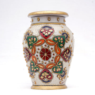 Designer Wide Short Necked Marble Vase Round shaped Minakari Red Flower Handpainted Vase