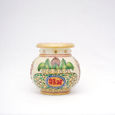 Small White Marble Vase Round Shaped Minakari Handpainted Vase with Kundan Stonework for Decoration
