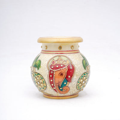 Small White Marble Vase Round Shaped Minakari Handpainted Vase with Kundan Stonework for Decoration
