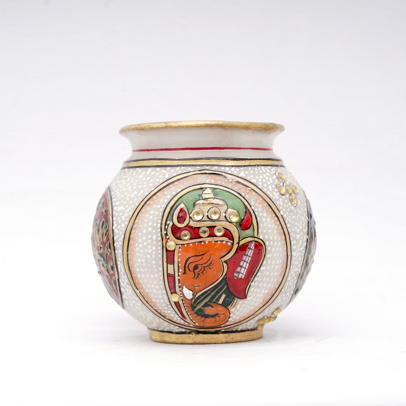 Designer Small White Marble Vase Round Shaped Minakari Handpainted Vase With Kundan Stonework Ganesh And Flower Work Vase For Home Decoration