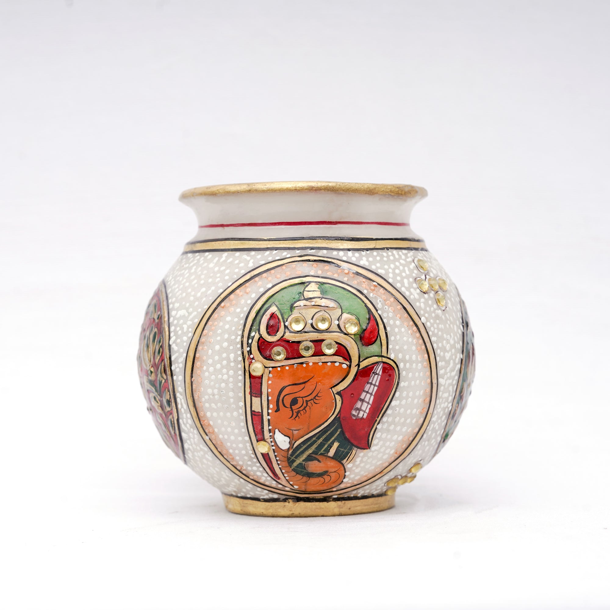 Designer Small White Marble Vase Round Shaped Minakari Handpainted Vase With Kundan Stonework Ganesh And Flower Work Vase For Home Decoration