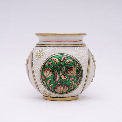 Designer Small White Marble Vase Round Shaped Minakari Handpainted Vase With Kundan Stonework Ganesh And Flower Work Vase For Home Decoration